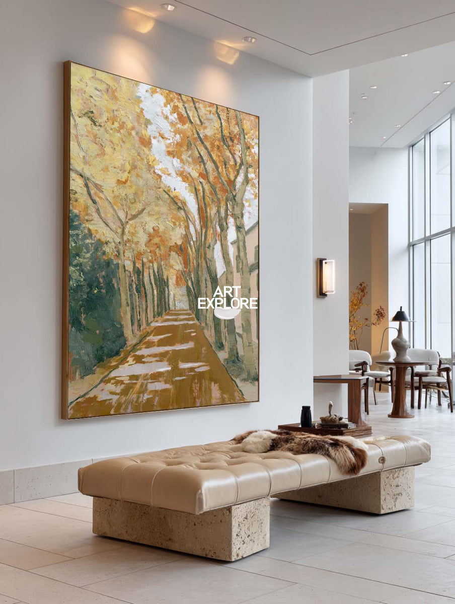 Abstract Tree Landscape Canvas Painting In Warm Gold And Brown Tones