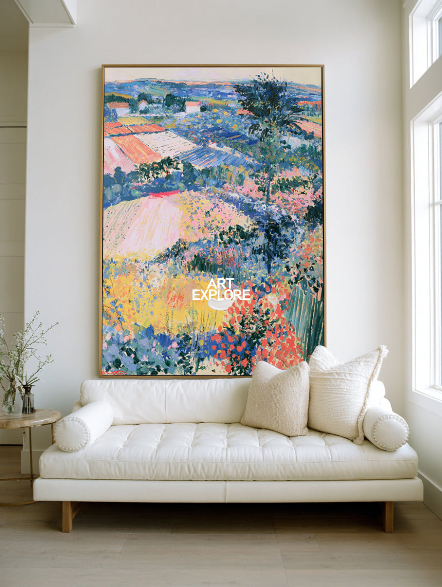Hand-Painted Impressionist Countryside Landscape Canvas Painting In Blue And Pink
