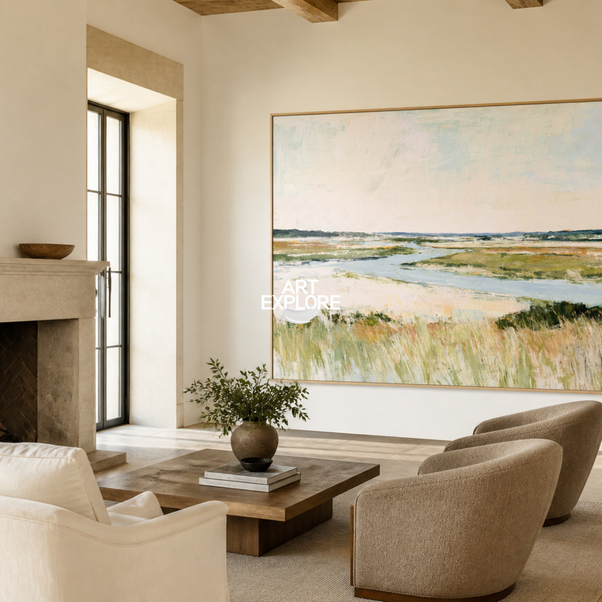 Hand-Painted Coastal Landscape Canvas Art In Warm Beige And Blue Tones