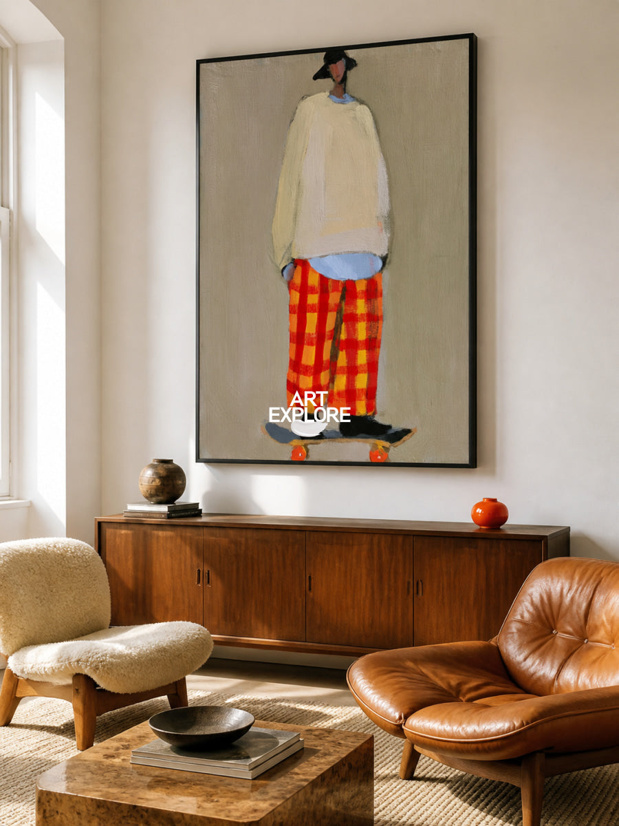 Vibrant Orange Plaid Figure Painting With Skateboard For Contemporary Interior