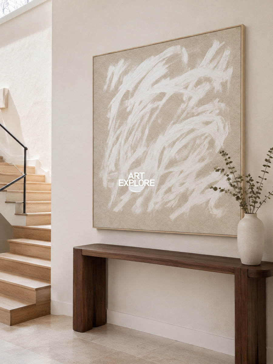 Original Abstract Minimalist Painting With Textured Beige And White Tones
