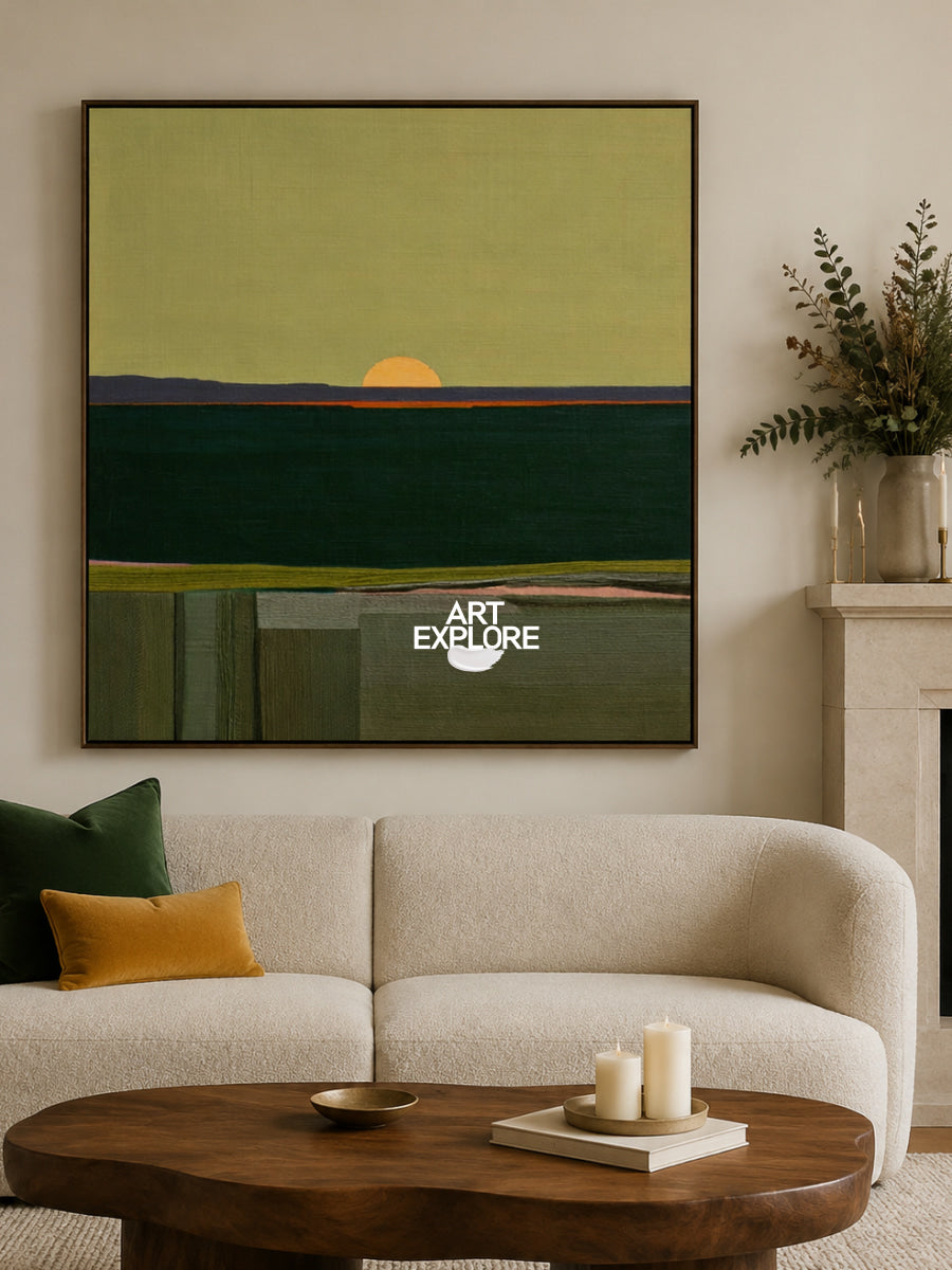 Minimalist Abstract Green Art With Geometric Forms And Sunset Glow Original Canvas