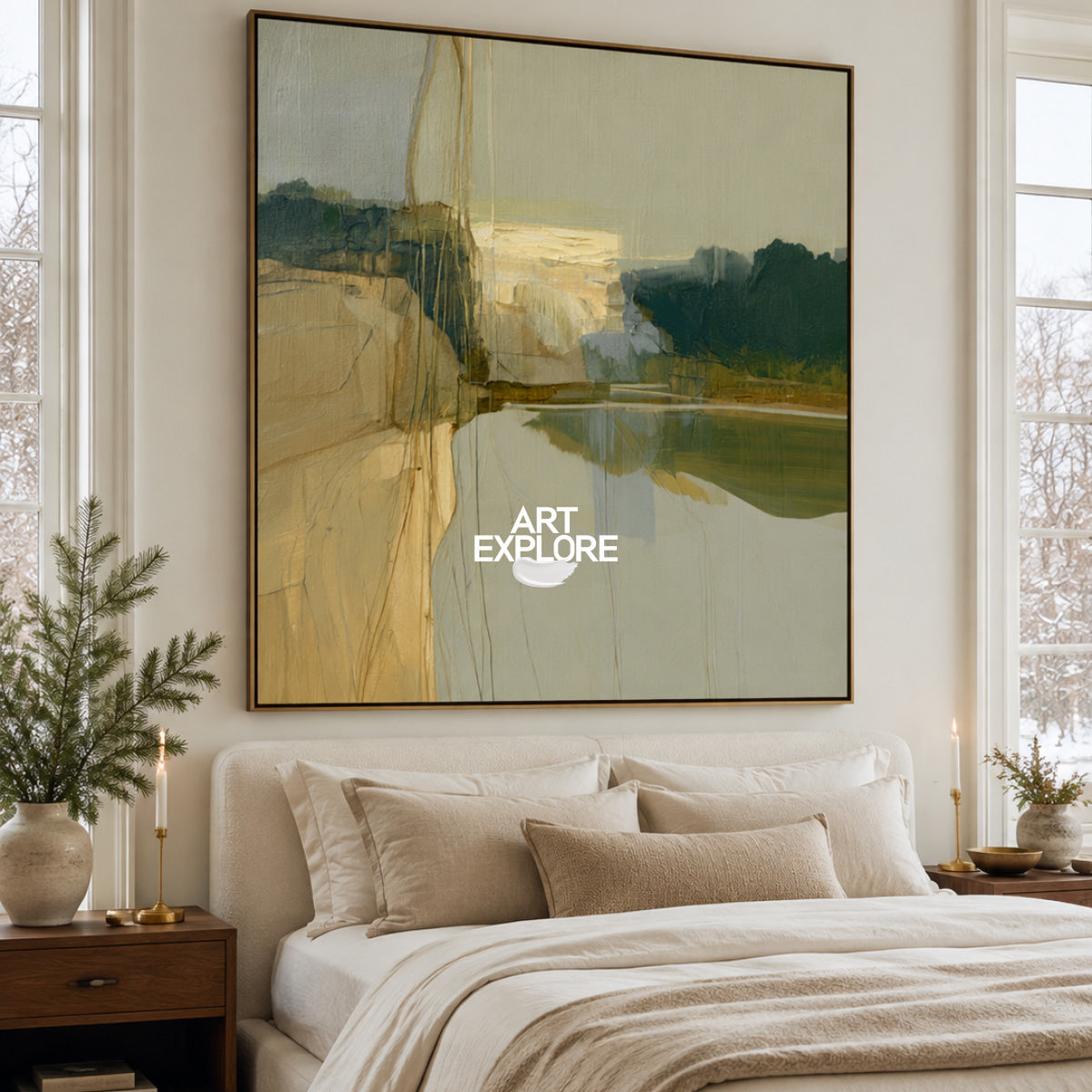 Abstract Landscape Canvas Painting In Green And Brown Tones For Modern Walls