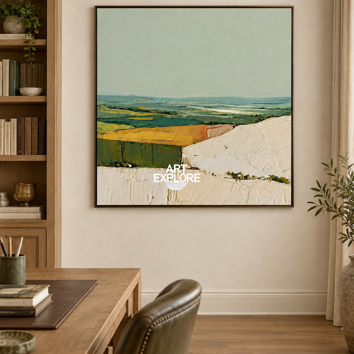 Abstract Green Landscape Canvas Painting With Textured Hills For Modern Walls