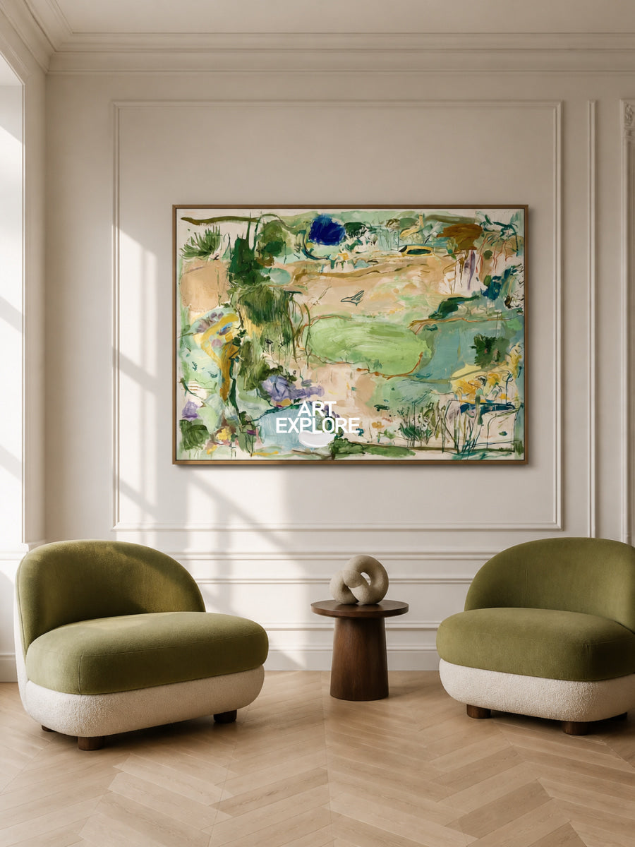 Abstract Green Landscape Hand-Painted Canvas Art With Blue Accents