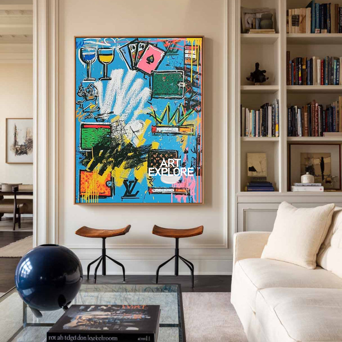 Original Graffiti Abstract Painting With Blue Background For Modern Urban Home Decor