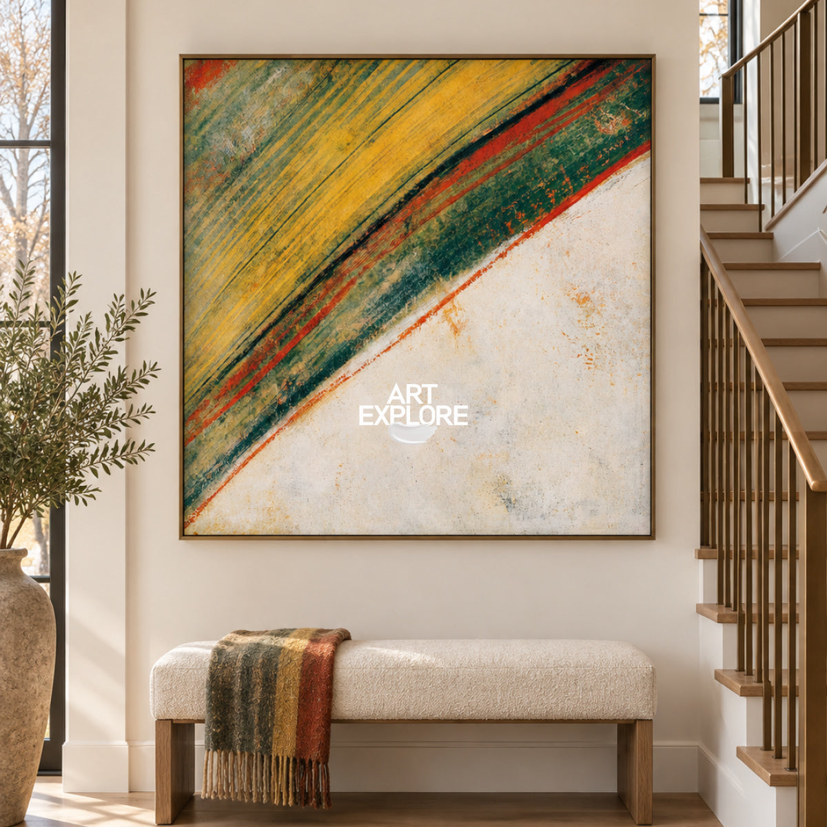 Abstract Yellow Green Canvas Painting With Red Lines For Modern Wall Art