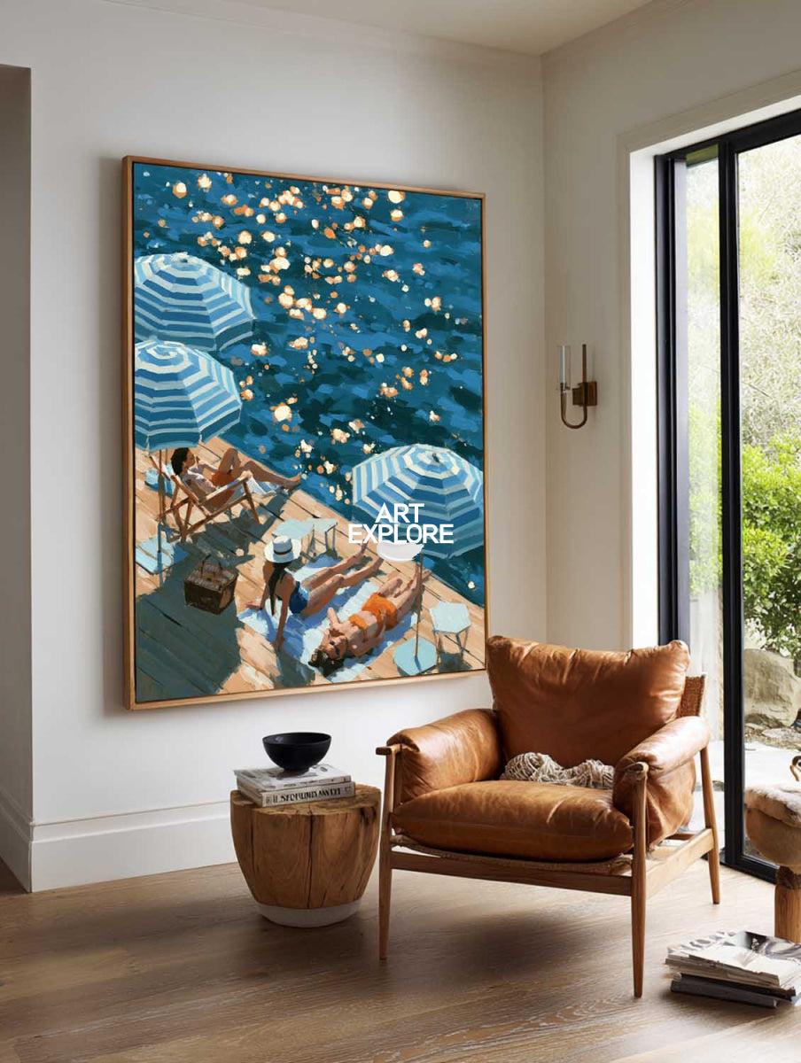 Abstract Blue Ocean Painting For Modern Coastal Living Room Decor With Summer Vacation Vibe