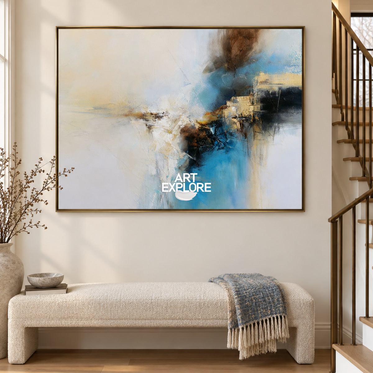 Abstract Blue And White Canvas Painting With Brown Accents For Modern Decor