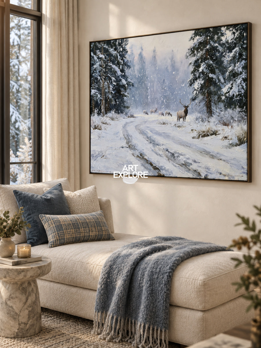 Hand-Painted Deer And Elk In Snowy Forest Canvas Painting