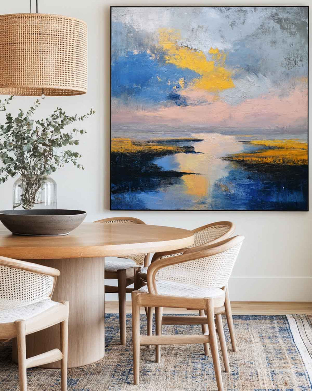Large Blue Sea and Sunset Oil Painting Blue Seaside Textured Wall Art Modern Blue Abstract Fine Art