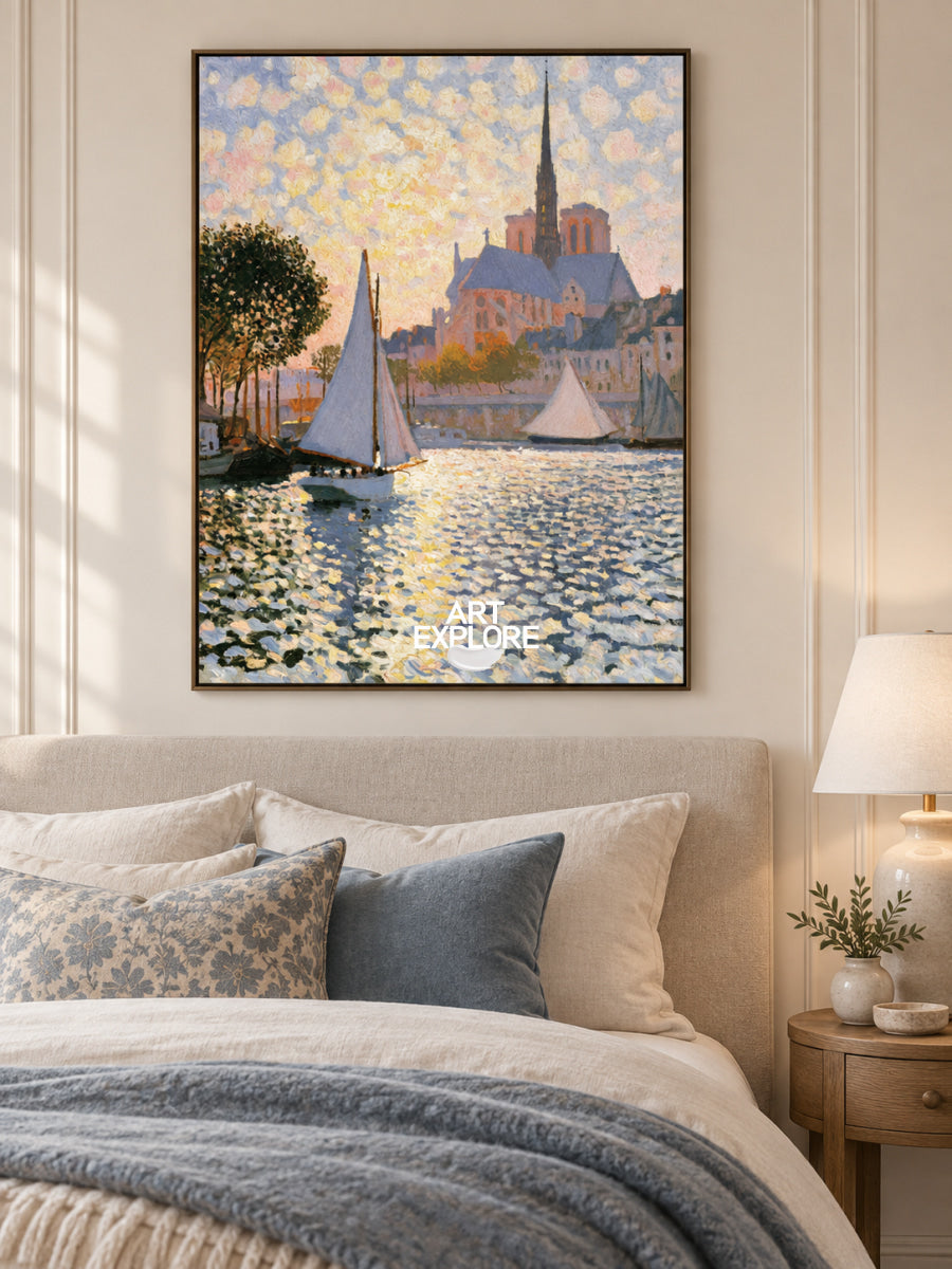 Sunlit Harbor With Sailboats And Church Canvas Painting