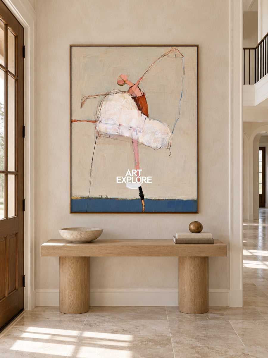 Abstract Ballet Dancer Canvas Painting In Beige And Blue Tones Hand-Painted Wall Art