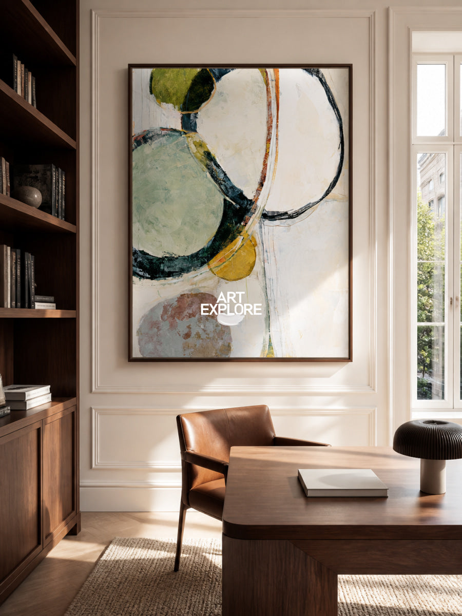 Abstract Geometric Canvas Painting With Green And Beige Tones For Modern Wall Art