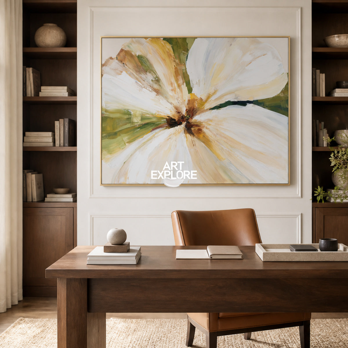Modern Horizontal Wall Art For Living Room Abstract Flower In Beige White