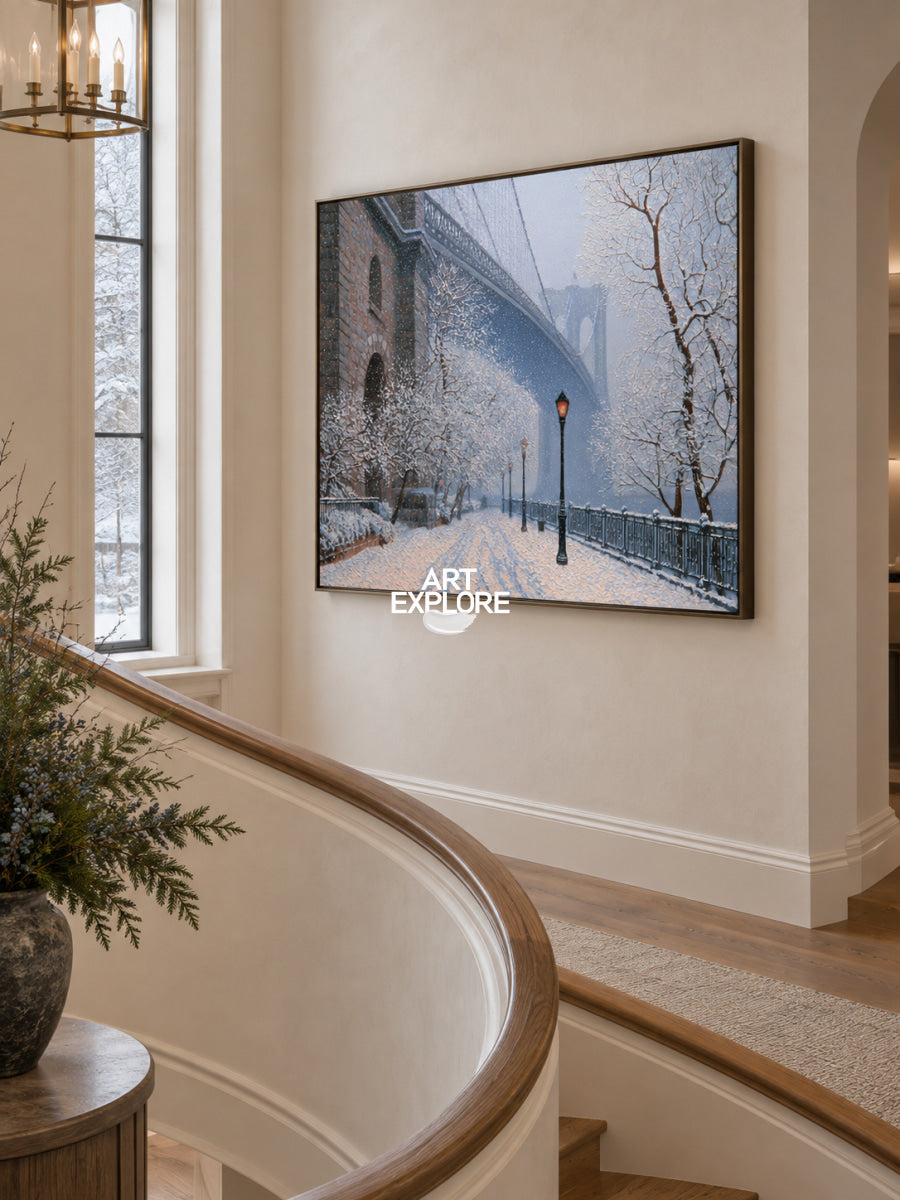 Realistic Blue And White Winter Painting Of City Architecture On Canvas