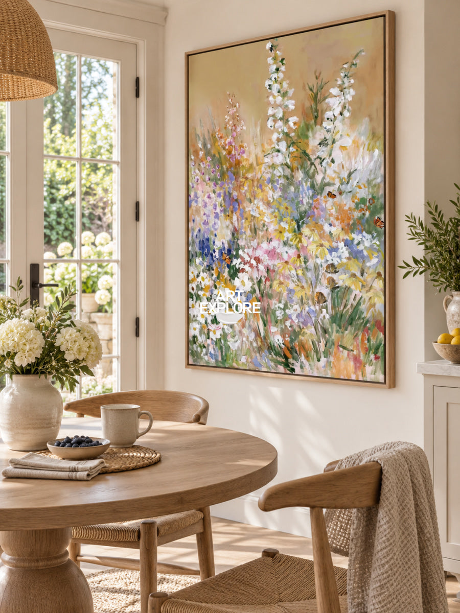 Colorful Abstract Floral Canvas Painting With Butterflies For Modern Home Decor
