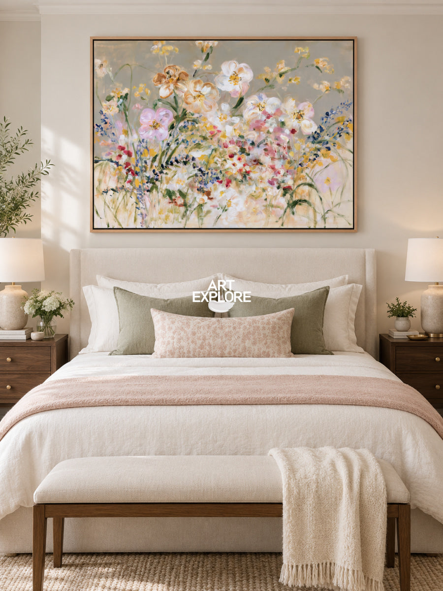 Abstract Floral Canvas Painting With Textured Colorful Flowers For Modern Home Decor