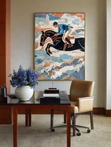 Equestrian Horse Riding Artwork | Large Blue Textured Oil Painting | ArtExplore