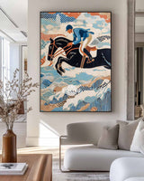 Equestrian Oil Painting | Horse Riding Large Blue Textured Canvas | ArtExplore