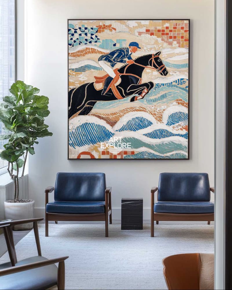 Equestrian Oil Painting | Royal Horse Large Blue Textured Wall Art ArtExplore