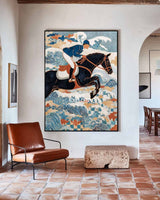 Equestrian Wall Art | Large Blue Textured Horse Racing Oil Painting ArtExplore