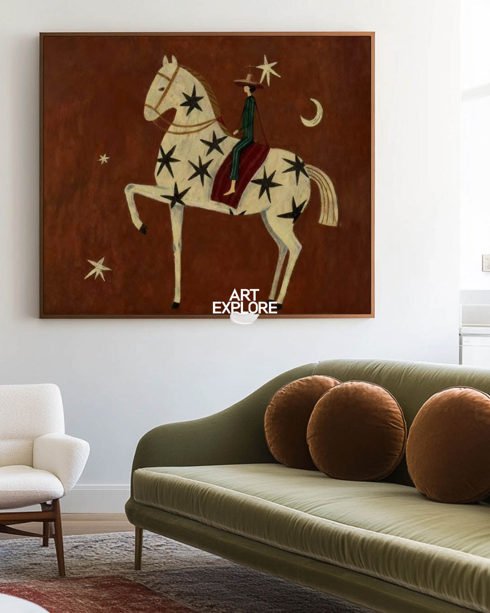 Folk Art Horse Painting With Stars And Moon For Living Room Decor