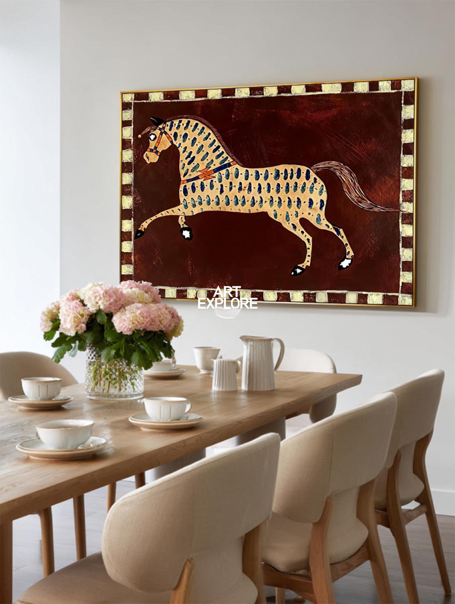 Vintage Folk Art Horse Painting On Canvas With Red Brown Tones For Living Room Decor