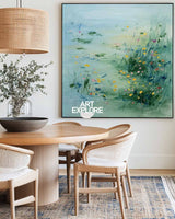 Ethereal Lotus Pond: Textured Blue and Green Nature Wall Art