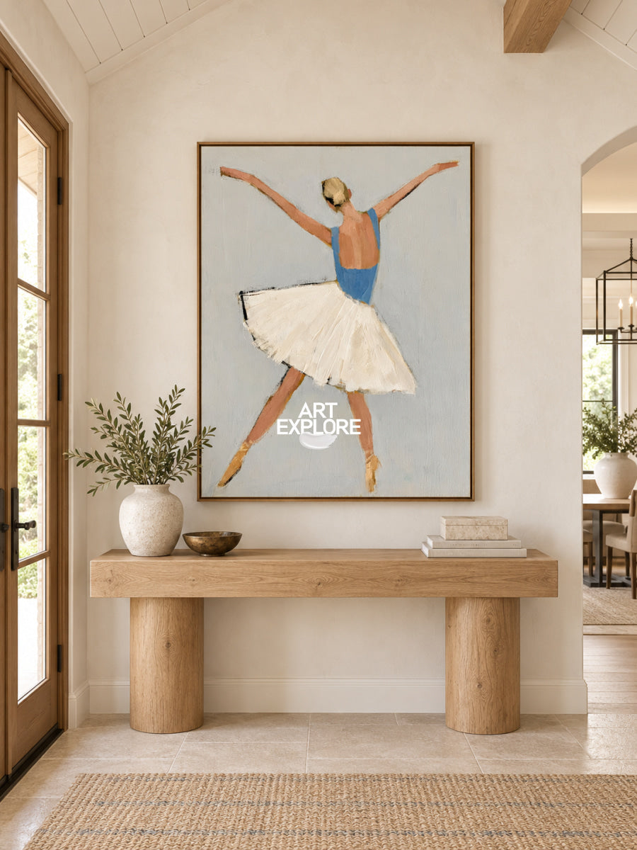 Ballerina Canvas Painting Minimalist Blue And Beige Hand-Painted Wall Art
