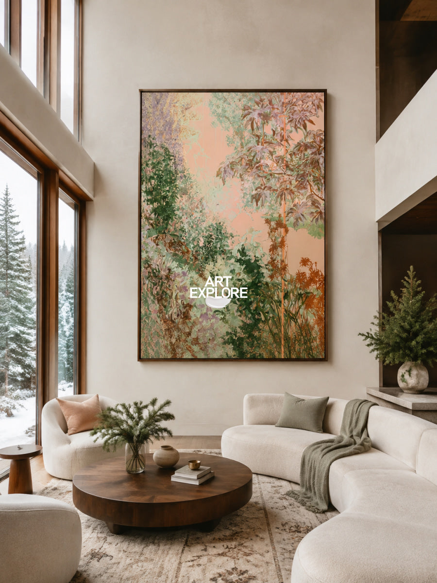 Abstract Pink And Green Botanical Canvas Painting Hand-Painted Wall Art