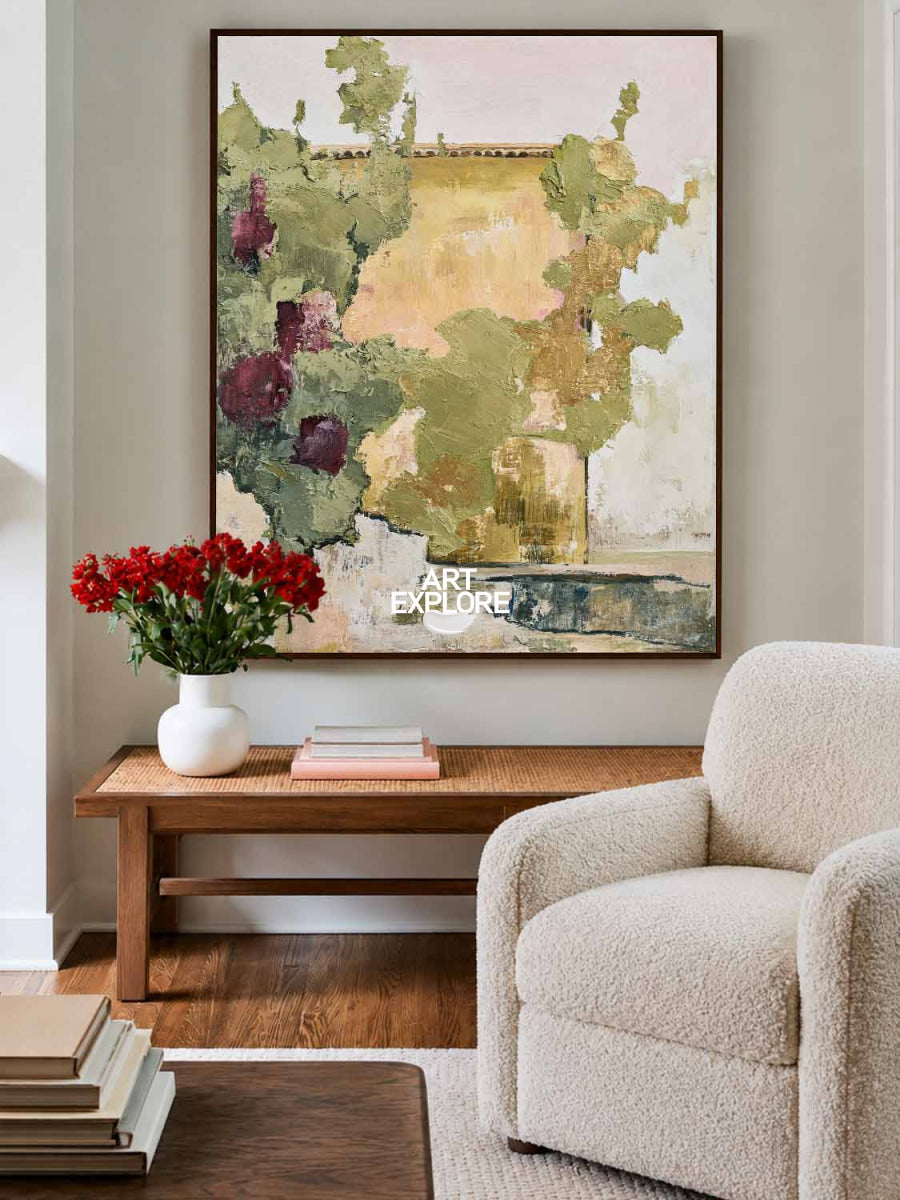 Abstract Floral Garden Canvas Painting With Purple And Green Tones