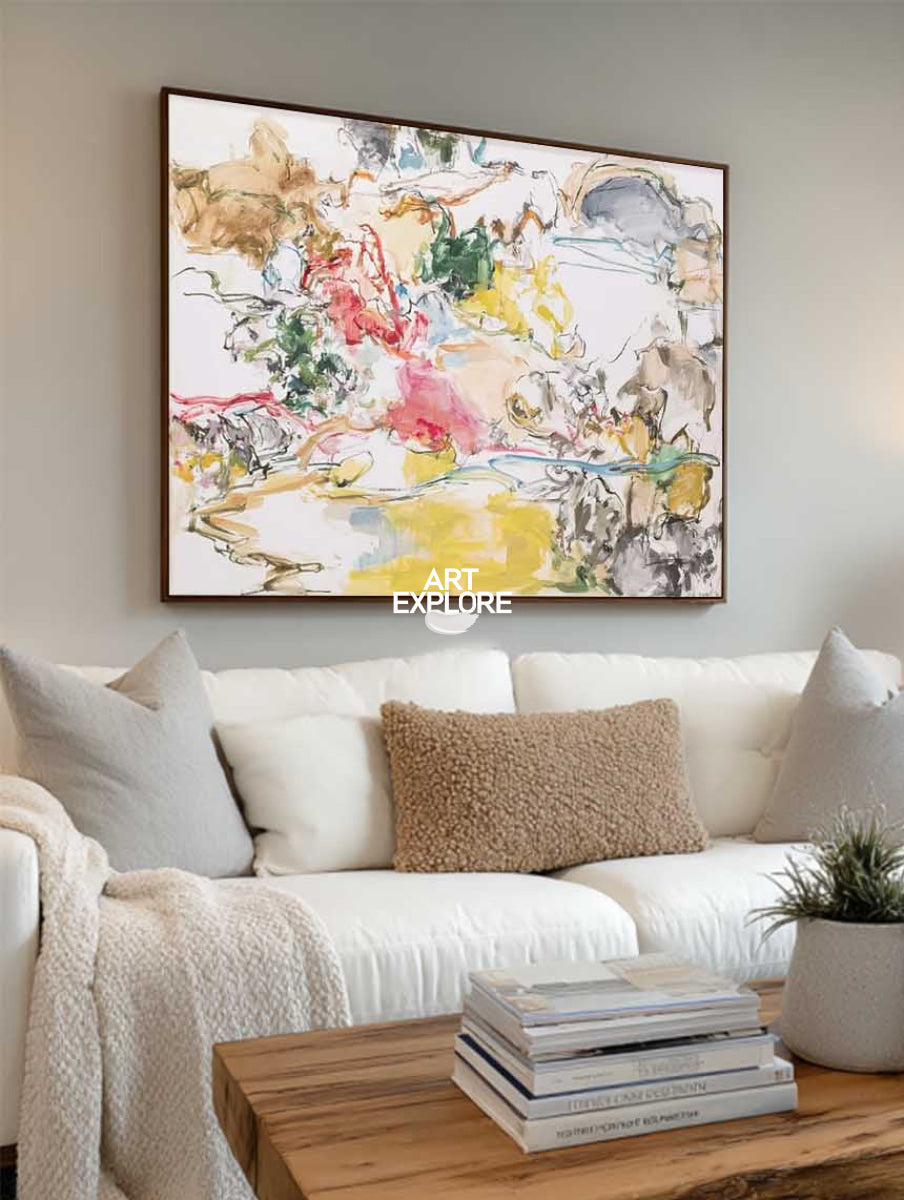 Abstract Pastel Canvas Painting With Yellow Pink Tones For Modern Walls