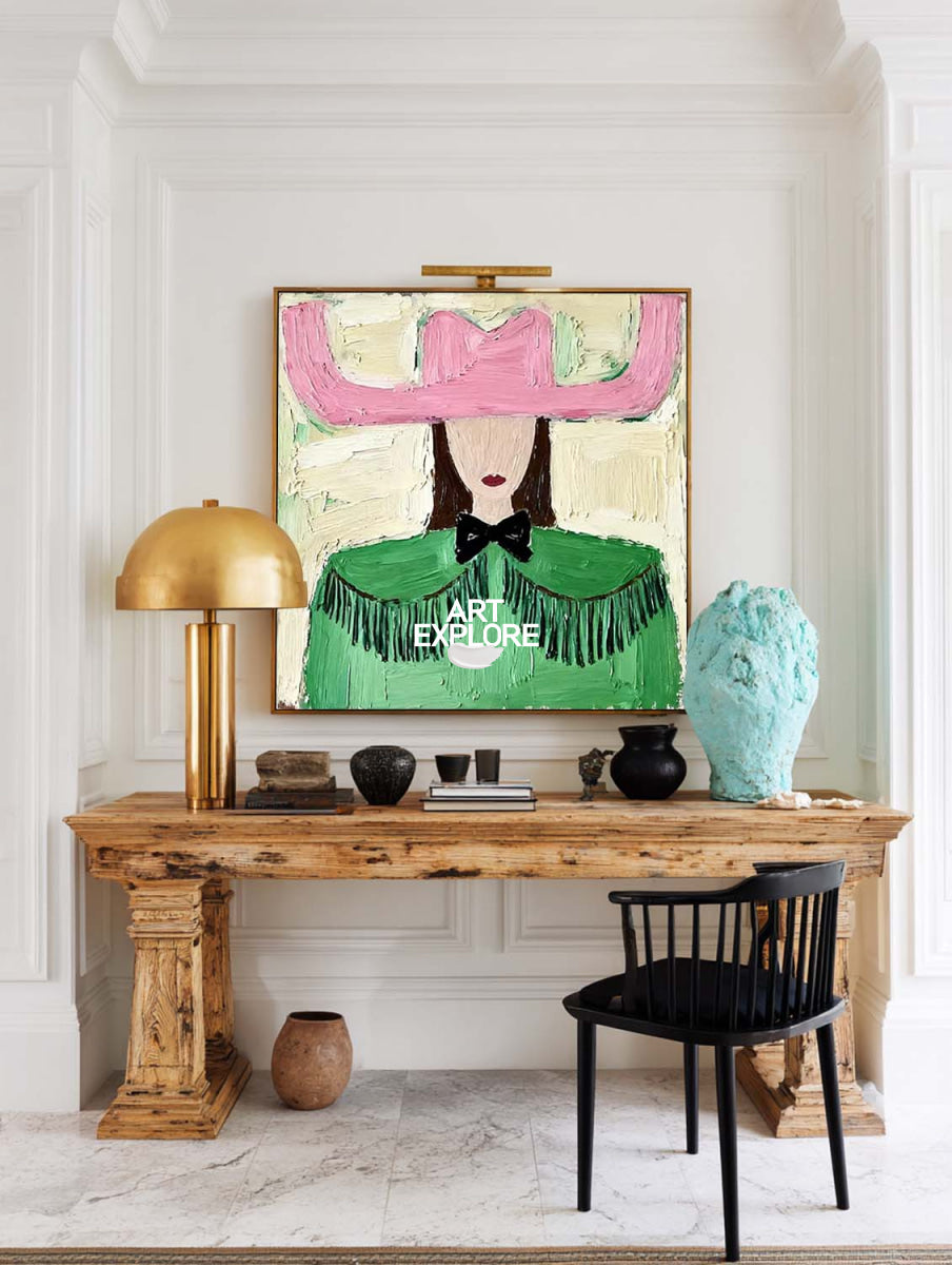 Charming Folk Art Painting With Pink Hat And Green Shawl For Modern Home Decor