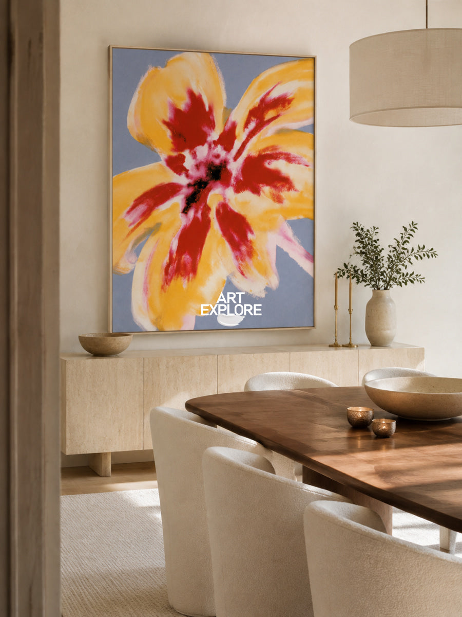Hand-Painted Abstract Flower Art In Red And Golden Yellow Tones On Canvas