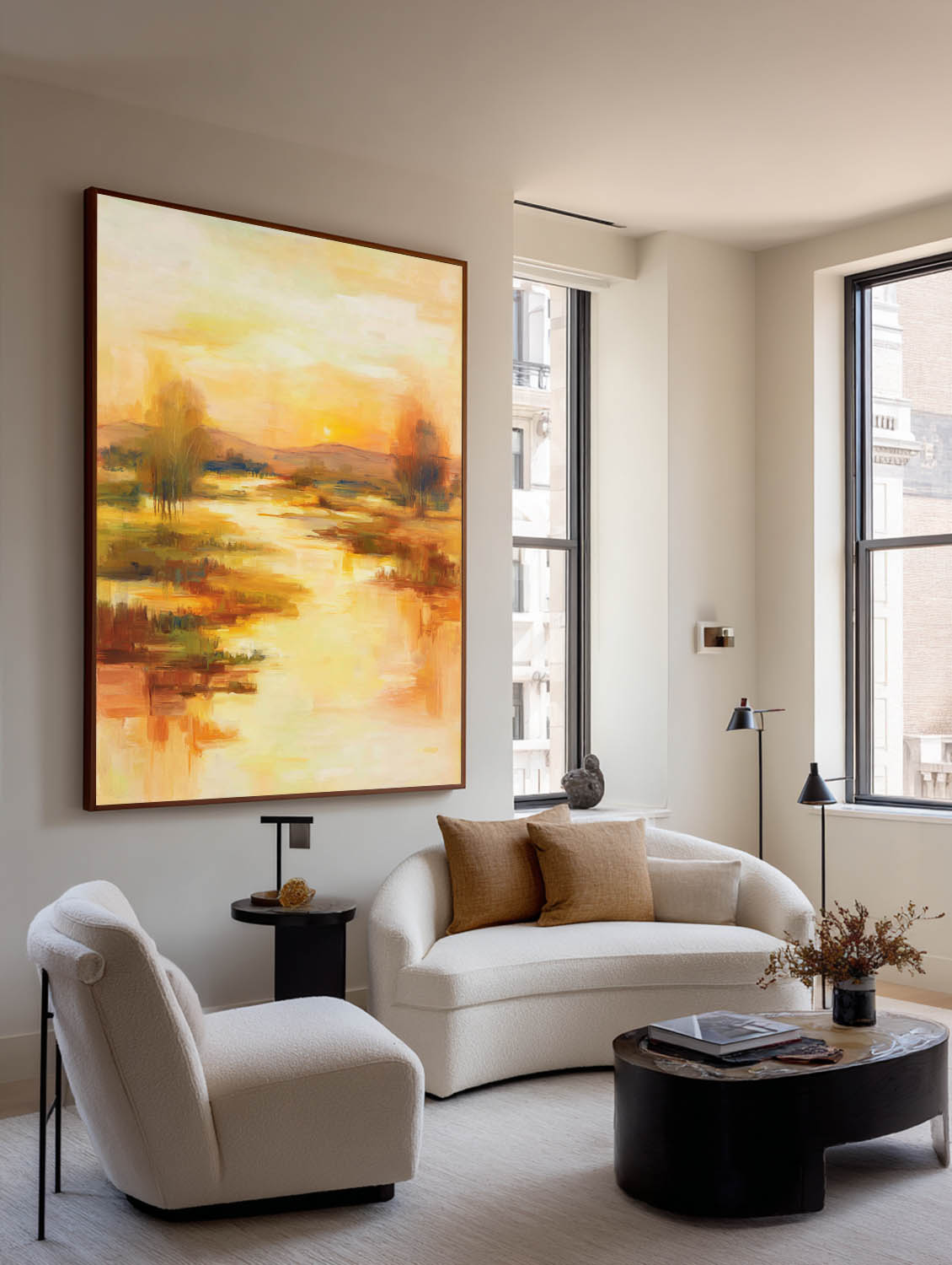 Golden Sunset Abstract Painting On Linen Canvas With Warm Tones For Modern Home Decor
