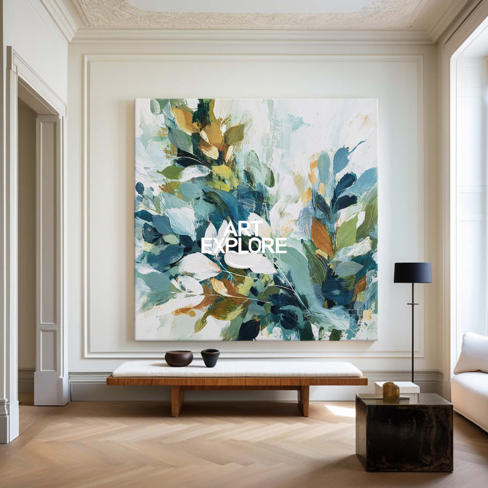Large Botanical Abstract Painting Green Teal Leaves Canvas Art