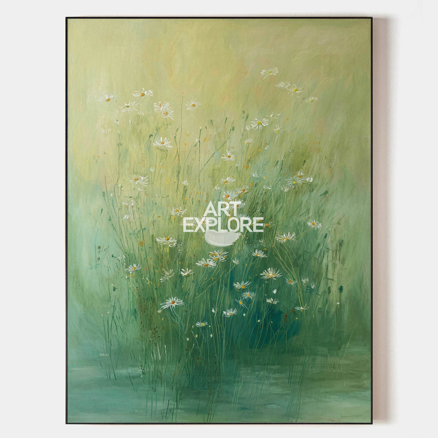 Green Daisy Lotus Pond Oil Painting – Large Vertical Wall Art for Modern Living Room | ArtExplore