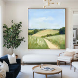 Large Green Field Painting Green Landscape Textured Wall Art Field View Painting Livingroom Wall Art