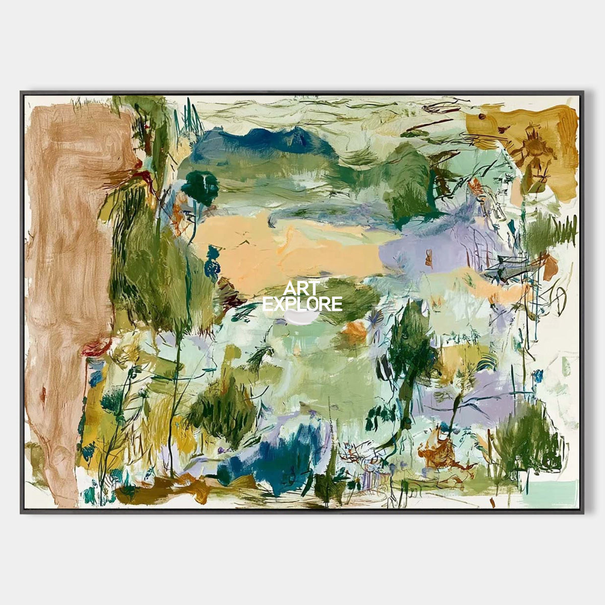Abstract Green Landscape Canvas Painting Hand-Painted Wall Art With Blue And Beige Tones