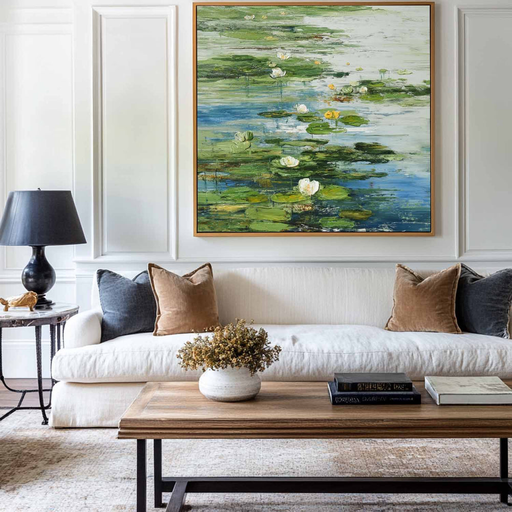 Green Lotus Oil Painting Green Pond Textured Artworks Large Green Abstract Canvas Art For Livingroom
