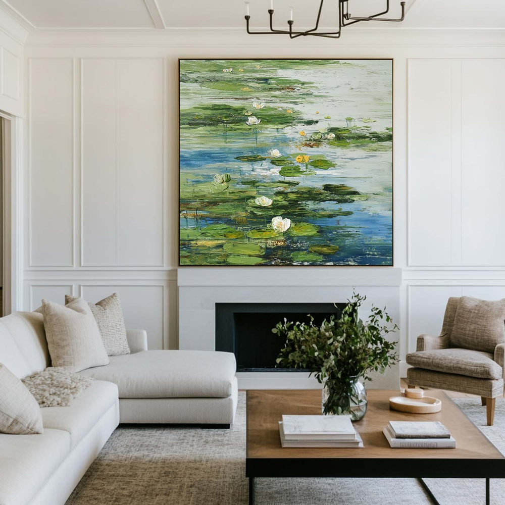 Green Lotus Oil Painting Green Pond Textured Artworks Large Green Abstract Canvas Art For Livingroom