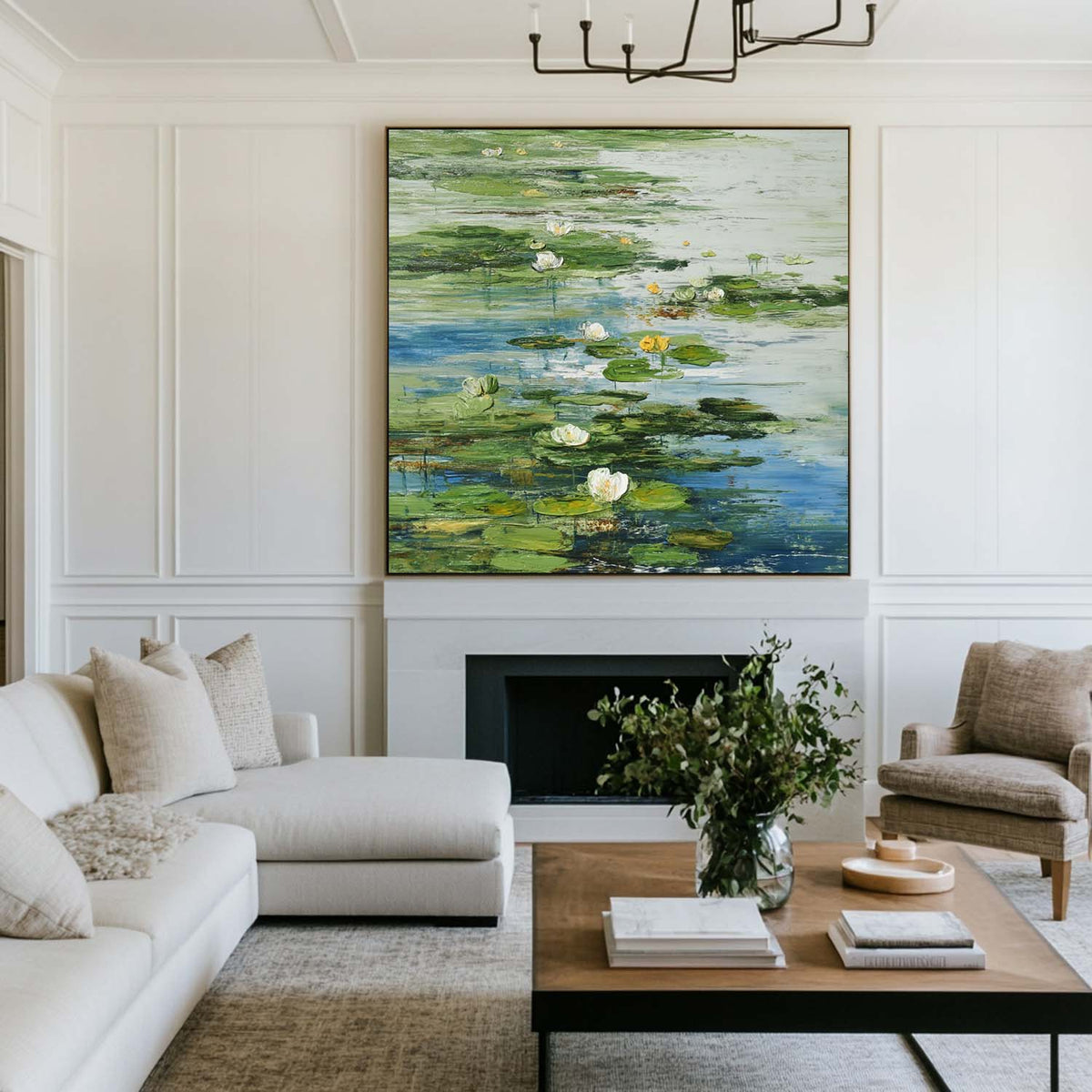 Green Lotus Oil Painting Green Pond Textured Artworks Large Green Abstract Canvas Art For Livingroom