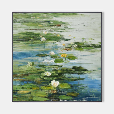 Green Lotus Oil Painting Green Pond Textured Artworks Large Green Abstract Canvas Art For Livingroom