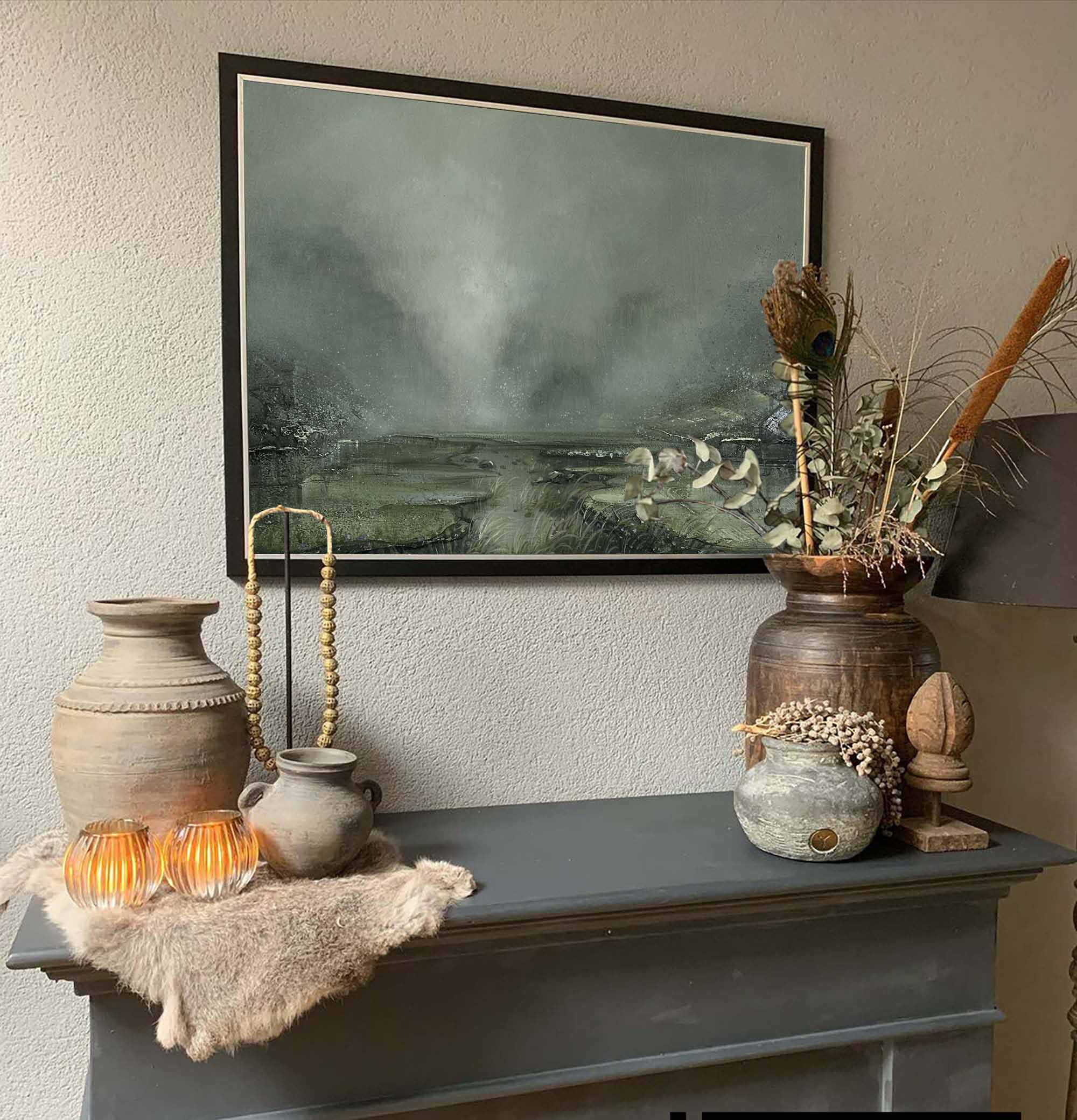 Green Textured Landscape Canvas Wall Art Pond View In The Rain Contemporary Landscape Wall Art