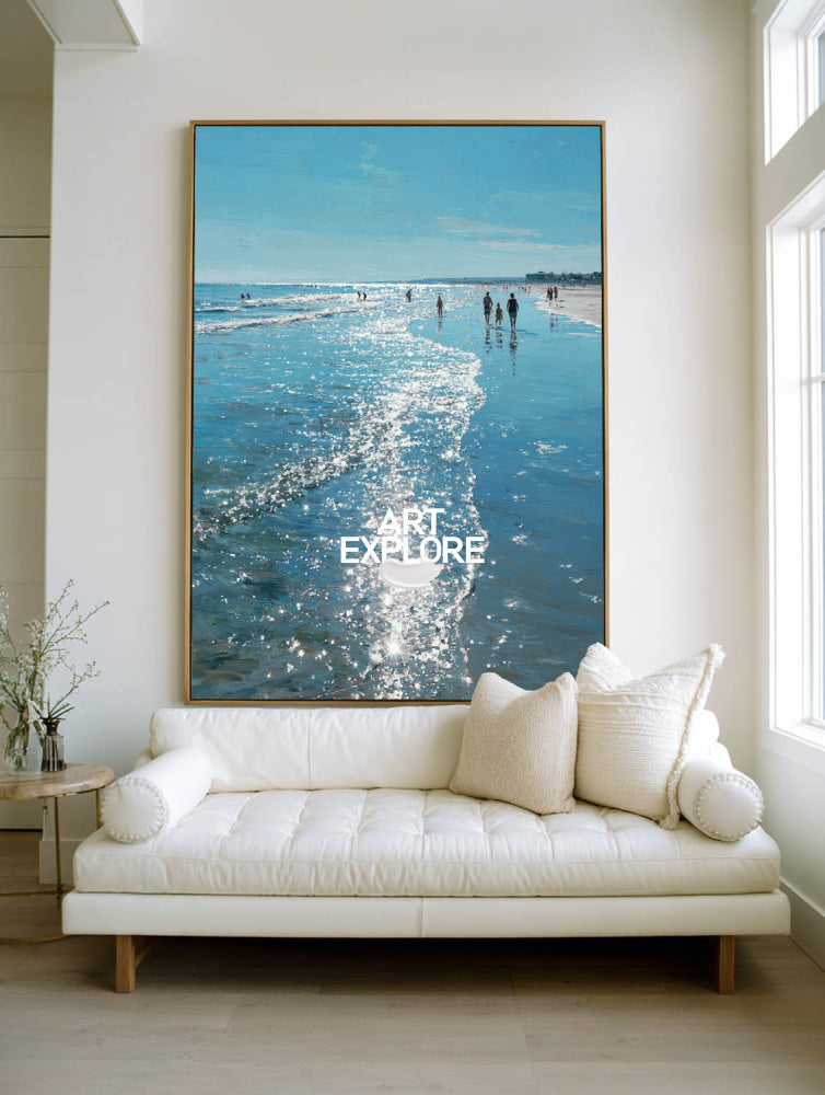 Hand-Painted Azure Ocean Abstract Large Textured Shoreline Art