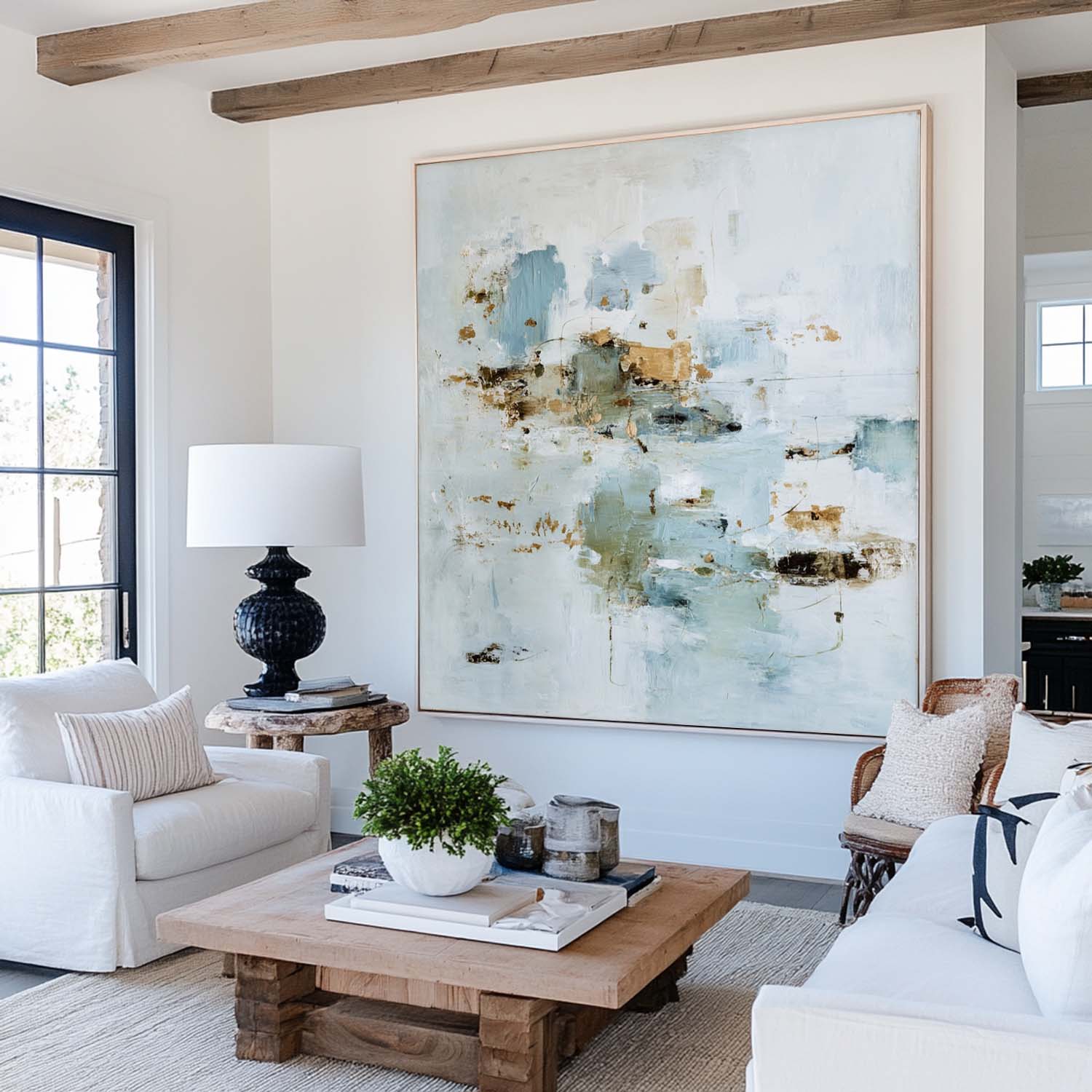 Hand-Painted Blue Abstract Texture Painting – Modern Minimalist Wall Art for Living Room, Office & Lounge