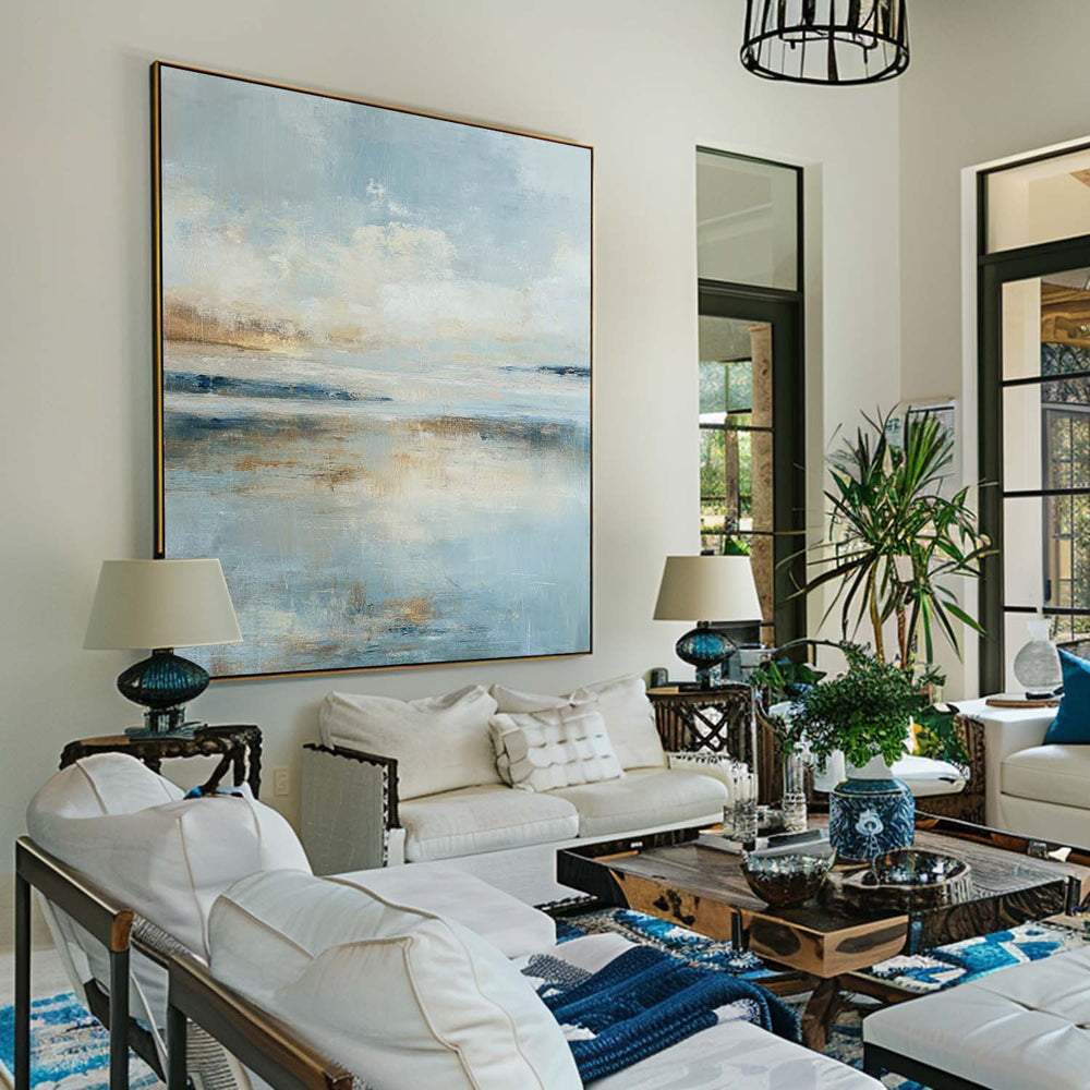 Hand-Painted Blue Horizon Wall Art – Minimalist Scenic Canvas Painting for Contemporary Office or Dining Room Decor
