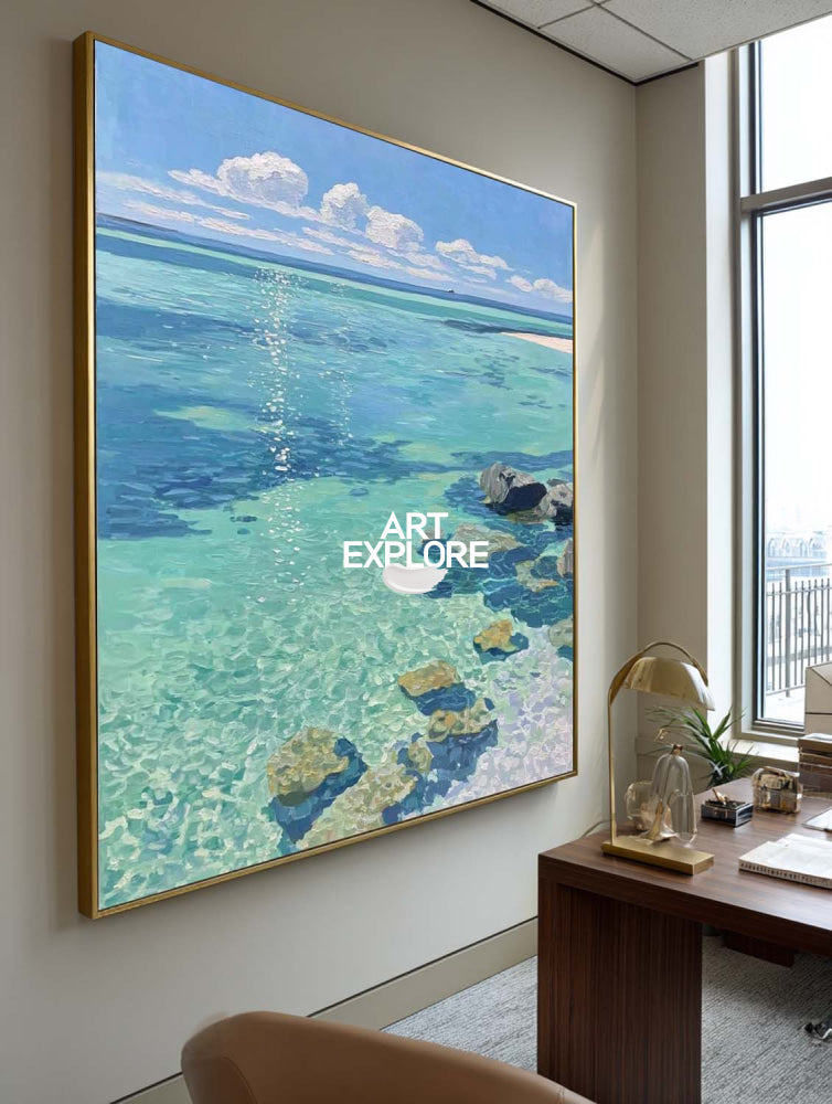 Hand-Painted Crystal Cove Seascape Large Textured Azure Shoreline Art