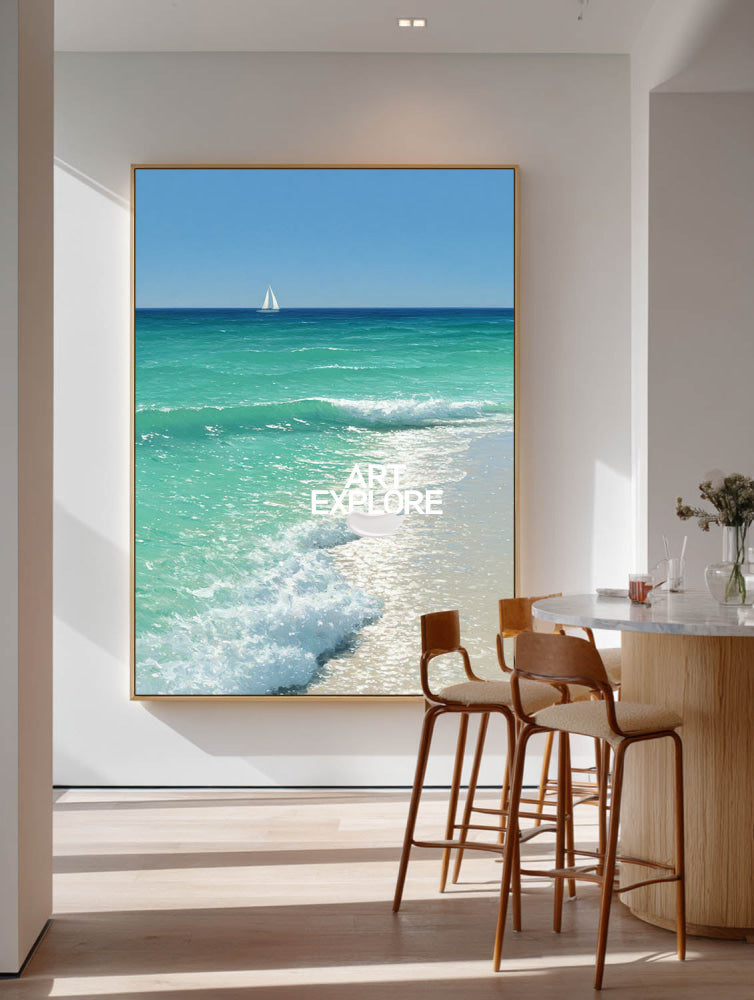 Hand-Painted Modern Nautical Canvas Large Turquoise Wave Wall Art